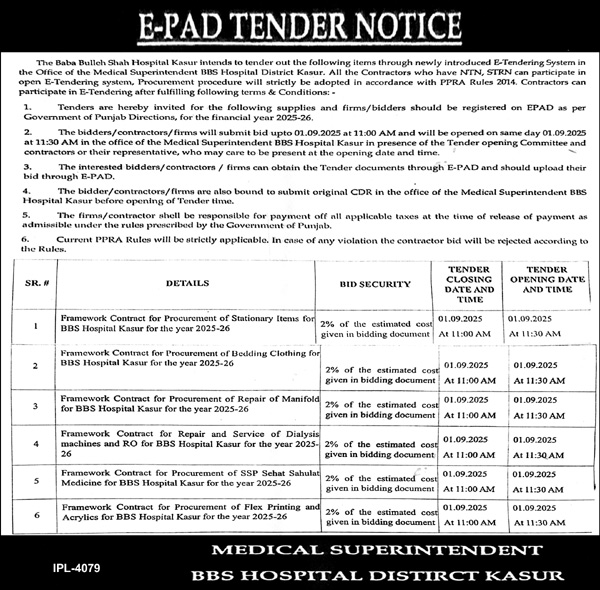 The Baba Bulleh Shah Hospital Kasur Tender Notice